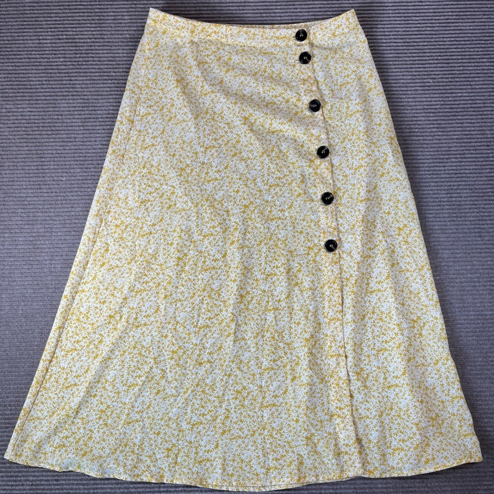 Crescent Yellow Floral Side Button Midi Skirt Womens Size Medium
